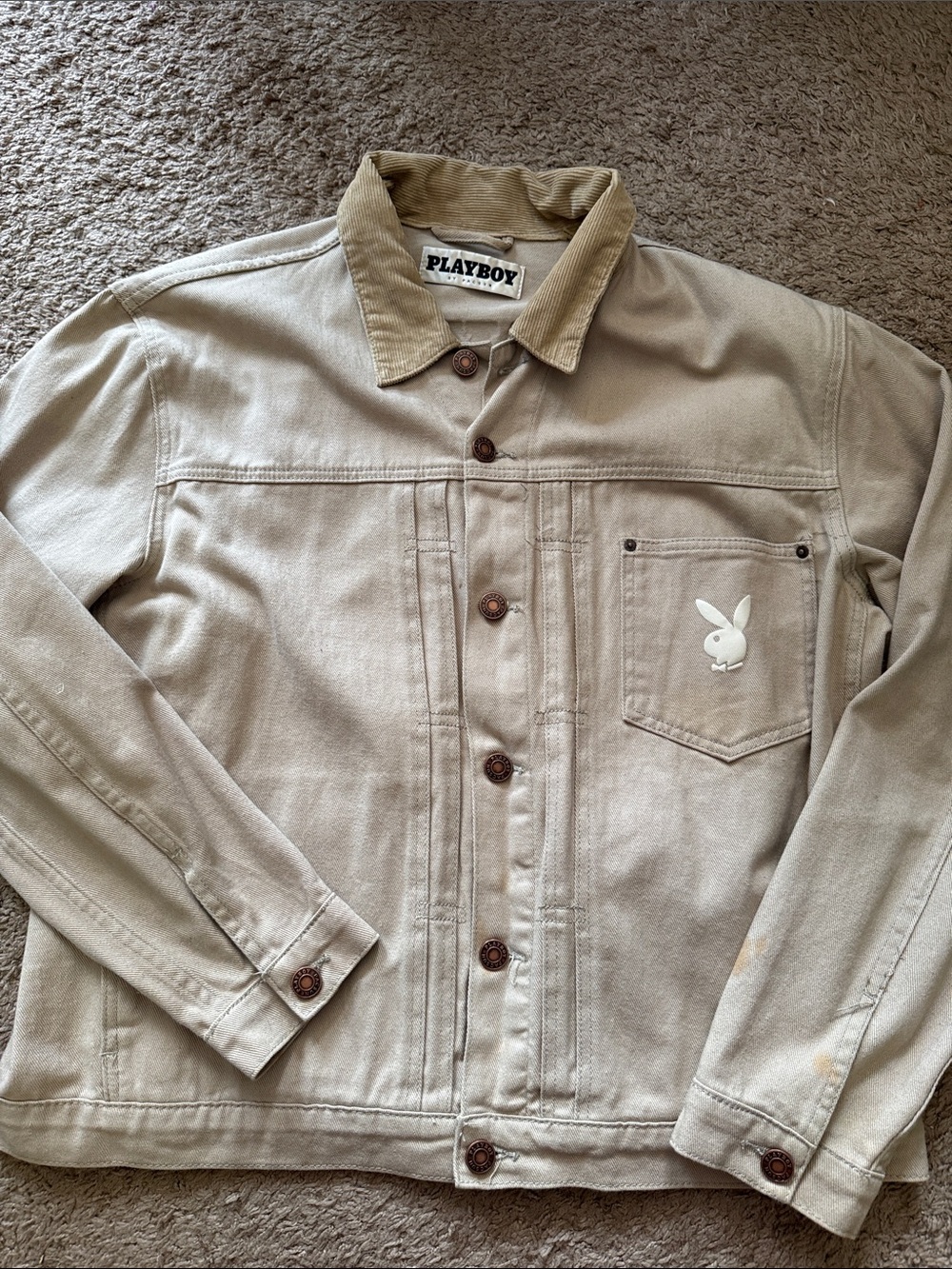 PLAYBOY Tan Men’s Large Denim 100% Cotton Jacket With logo and Corduroy Collar